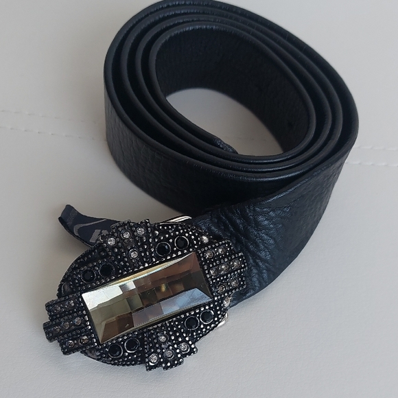 Brave Leather Accessories - BRAVE, Black Leather Belt with Stones Buckle